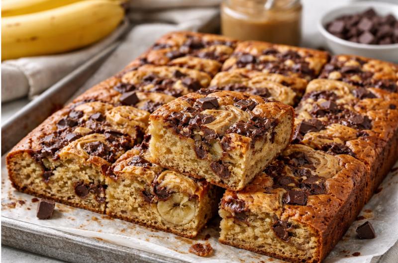 Kefírová buchta s banánem, arašídovým máslem a čokoládou: vláčný dezert z plechu, který si zamilujete