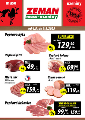 ZEMAN maso-uzeniny akční leták pro vybrané prodejny druhé skupiny od 4.8. do 9.8.2025