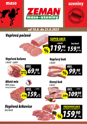 ZEMAN maso-uzeniny akční leták pro vybrané prodejny první skupiny od 18.8. do 23.8.2025