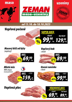 ZEMAN maso-uzeniny akční leták pro vybrané prodejny první skupiny od 13.10. do 18.10.2025