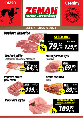 ZEMAN maso-uzeniny akční leták pro vybrané prodejny druhé skupiny od 3.11. do 8.11.2025