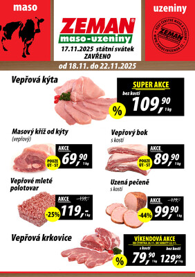 ZEMAN maso-uzeniny akční leták pro vybrané prodejny druhé skupiny od 18.11. do 22.11.2025