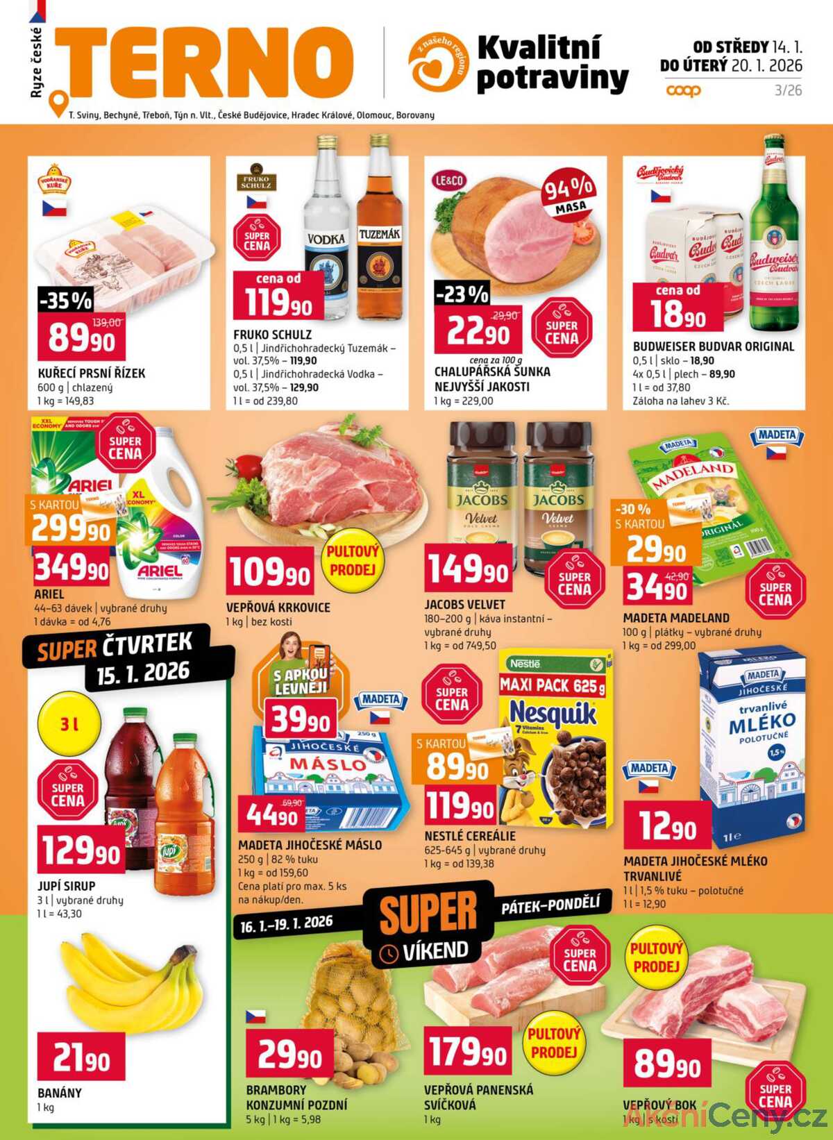 Terno České Budějovice, Třeboň, Trhové sviny, Bechyně, Týn nad Vltavou, Hradec Králové, Olomouc, Borovany od 14.1. do 20.1.2026 strana 1