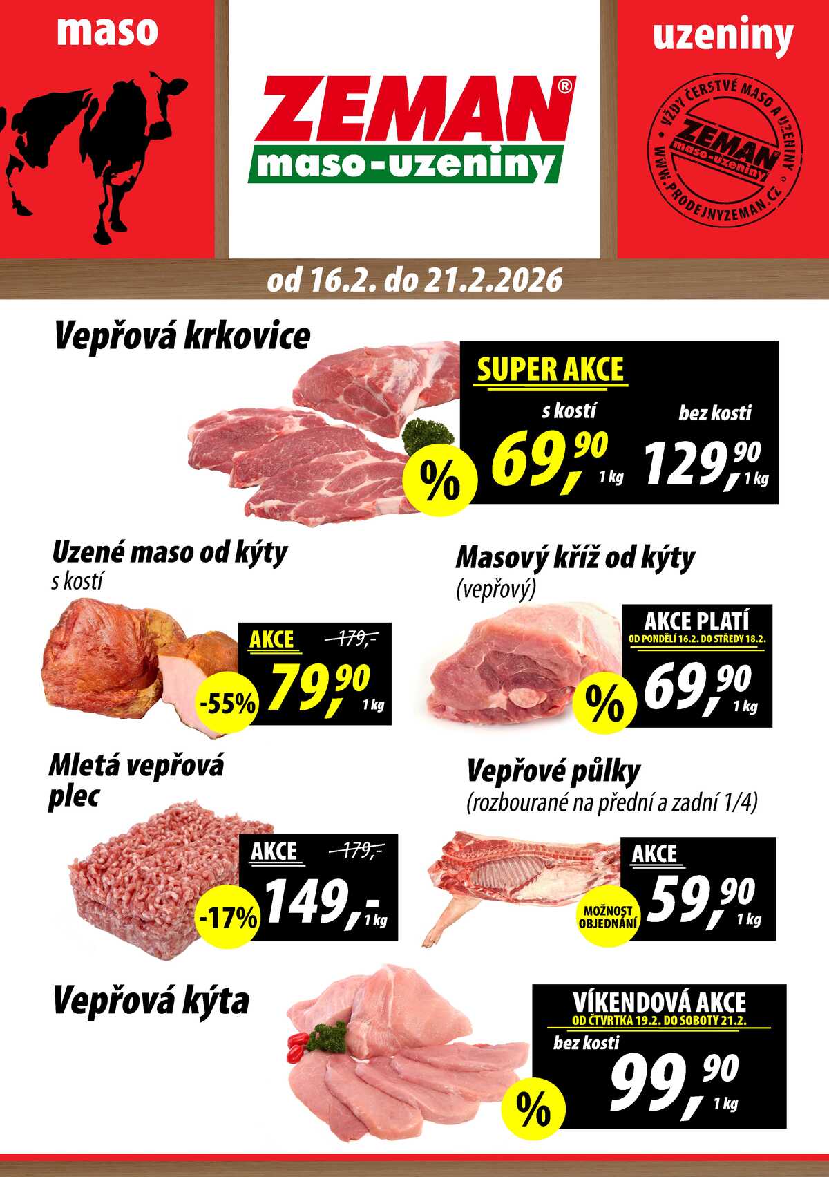 ZEMAN maso-uzeniny akční leták pro vybrané prodejny první skupiny od 16.2. do 21.2.2026 strana 1