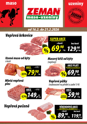 ZEMAN maso-uzeniny akční leták pro vybrané prodejny druhé skupiny od 16.2. do 21.2.2026