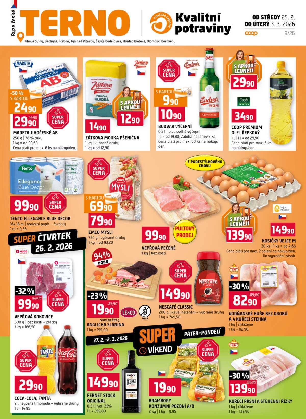 Terno Třeboň, Týn n. Vlt., Bechyně, České Budějovice, Hradec Králové, Olomouc, Borovany od 25.2. do 3.3.2026 strana 1