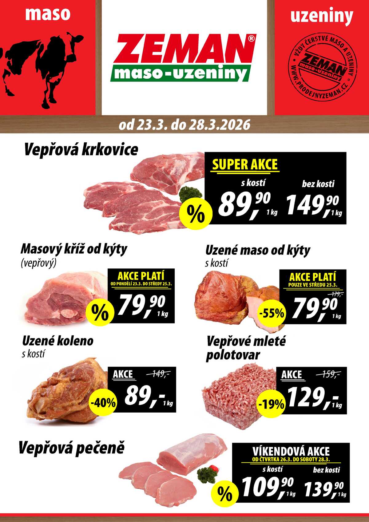 ZEMAN maso-uzeniny akční leták pro vybrané prodejny první skupiny od 23.3. do 28.3.2026 strana 1