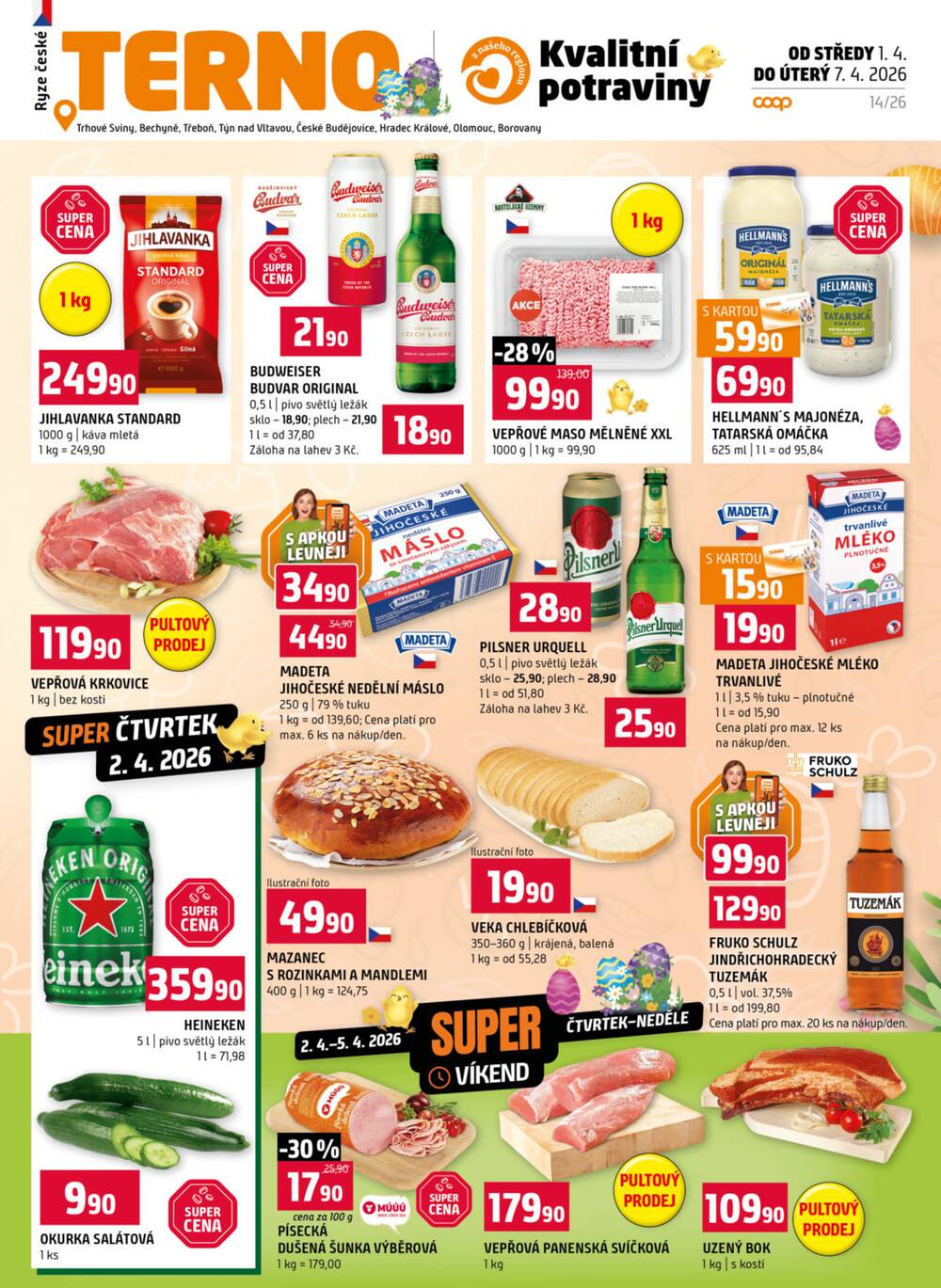 Leták Terno - Terno České Budějovice, Třeboň, Trhové sviny, Bechyně, Týn nad Vltavou od 1.4. do 7.4.2026 - strana 1
