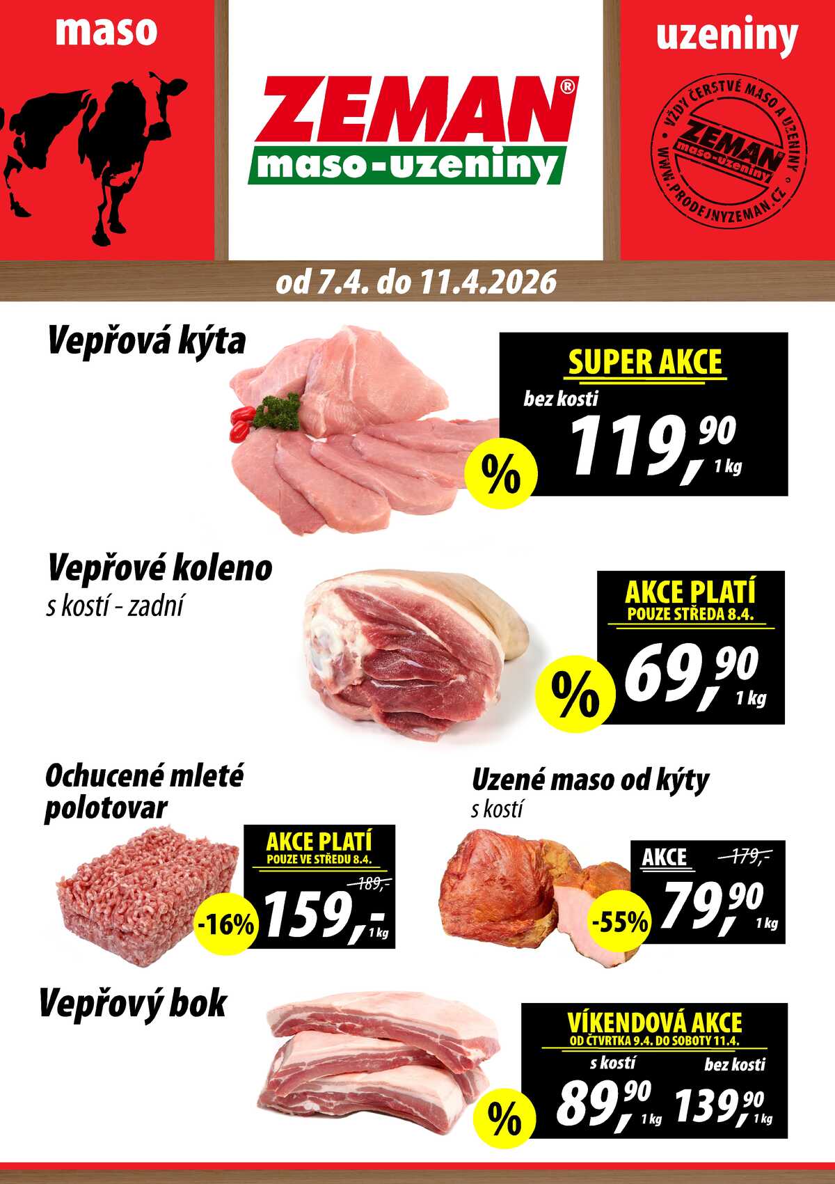 ZEMAN maso-uzeniny akční leták pro vybrané prodejny první skupiny od 7.4. do 11.4.2026 strana 1