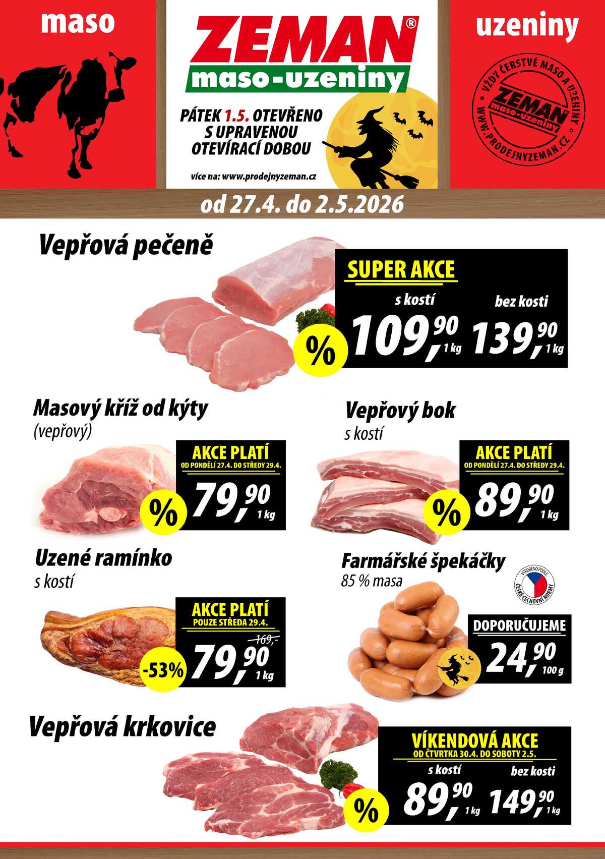 ZEMAN maso-uzeniny akční leták pro vybrané prodejny první skupiny od 27.4. do 2.5.2026 strana 1