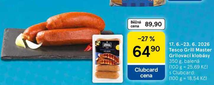 Tesco Grill Master Grilovací klobásy, 350 g, balená  