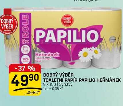 DOBRÝ VÝBĚR TOALETNÍ PAPÍR PAPILIO HEŘMÁNEK 8 x 150 | 3vrstvý 