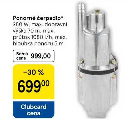 Ponorné čerpadlo, 280 W. max. dopravní výška 70 m. max. průtok 1080 1/h, max. hloubka ponoru 5 m