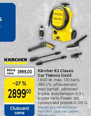 Kärcher K3 Classic Car Tlakový čistič, 1600 W. max. 120 barů. 380 1/h. příslušenství: mycí kartáč, pěnovací tryska, autošampon 0.5 l