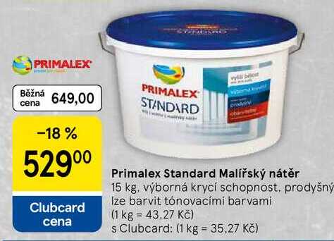 Primalex Standard Malířský nátěr, 15 kg. výborná krycí schopnost, prodyšný Ize barvit tónovacími barvami 