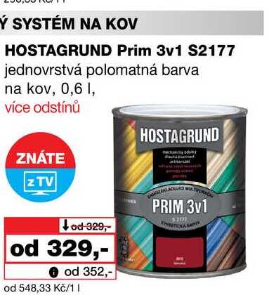HOSTAGRUND Prim 3v1 S2177 jednovrstvá polomatná barva na kov, 0,6l