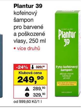 Plantur 39 kofeinový šampon pro barvené a poškozené vlasy, 250 ml 
