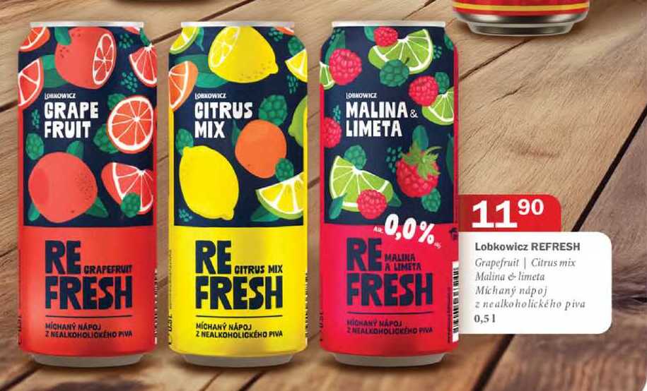 Lobkowicz REFRESH Grapefruit Citrus mix Malina & limeta Míchaný nápoj z nealkoholického piva 0,51