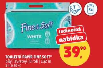 TOALETNÍ PAPÍR FINE SOFT bílý, 3vrstvý, 8 rolí