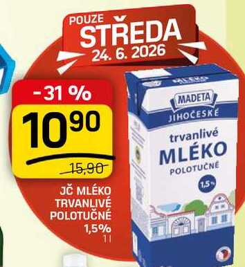 Jihočeské mléko trvanlivé polotučné 1,5% 1l