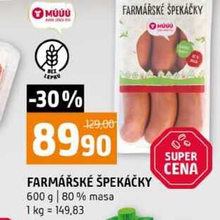 FARMÁŘSKÉ ŠPEKÁČKY 600 g 80% masa
