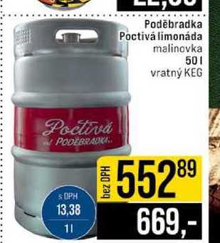 Poděbradka Poctivá limonáda malinovka 50l