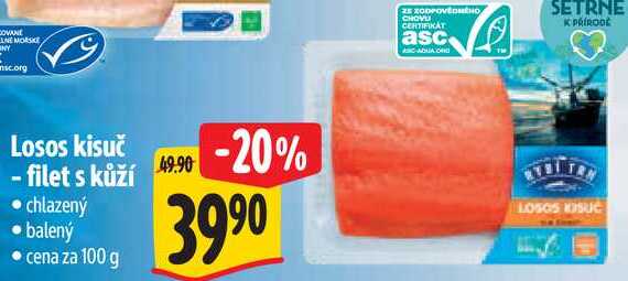 Losos kisuč - filet s kůží, cena za 100 g  