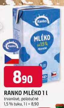 RANKO MLÉKO 1l trvanlivé, polotučné 1,5% tuku