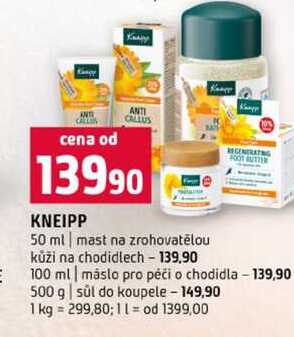 KNEIPP 50 ml mast na zrohovatělou kůži na chodidlech 100 ml máslo pro péči o chodidla 500 g sůl do koupele