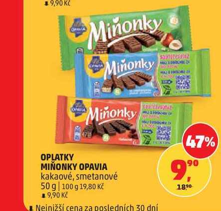 OPLATKY MIŇONKY OPAVIA kakaové, smetanové 50g v akci
