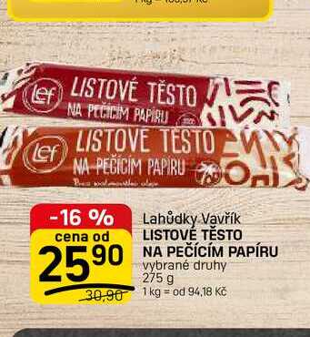 LISTOVÉ TĚSTO NA PEČÍCÍM PAPÍRU vybrané druhy 275 g 