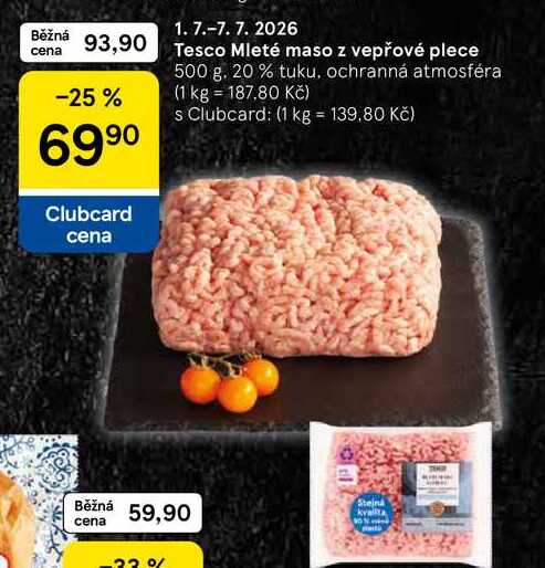 Tesco Mleté maso z vepřové plece, 500 g. 20 % tuku 
