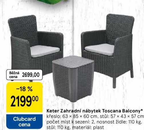 Keter Zahradní nábytek Toscana Balcony, křeslo: 63 x 85 x 60 cm, stůl: 57 × 43 × 57 cm počet míst k sezení: 2, nosnost židle: 110 kg. stůl: 110 kg, materiál: plast 