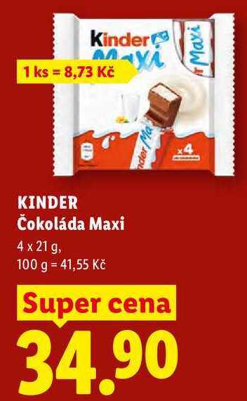 KINDER Čokoláda Maxi, 4x 21 g
