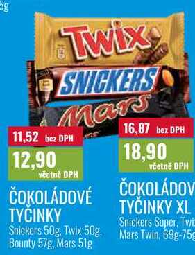 ČOKOLÁDOVÉ TYČINKY, Snickers 50g. Twix 50g. Bounty 57g, Mars 51g 