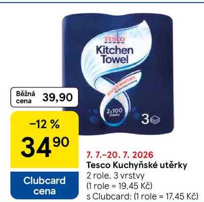 Tesco Kuchyňské utěrky, 2 role. 3 vrstvy