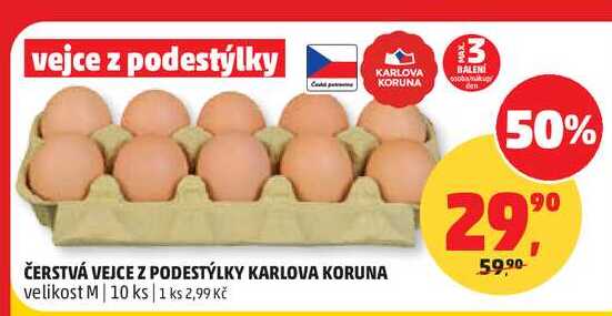 ČERSTVÁ VEJCE Z PODESTÝLKY KARLOVA KORUNA velikost M 10 ks