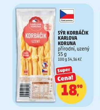 KARLOVA KORUNA SÝR KORBÁČIK přírodní, uzený 55 g