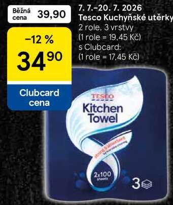 Tesco Kuchyňské utěrky, 2 role. 3 vrstvy