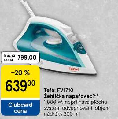 Tefal FV1710 Žehlička napařovací, 1800 W, nepřilnavá plocha, systém odvápňování, objem nádržky 200 ml 