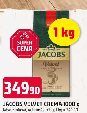 VELVET CREMA 1000 g káva zrnková, vybrané druhy