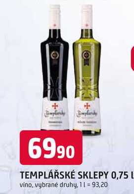 TEMPLÁŘSKÉ SKLEPY 0,75 L víno, vybrané druhy