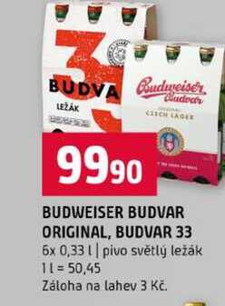 BUDWEISER BUDVAR ORIGINAL, BUDVAR 33 6x 0,33l pivo světlý ležák 