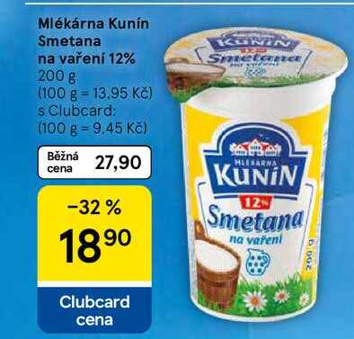 Mlékárna Kunín Smetana na vaření 12%, 200 g