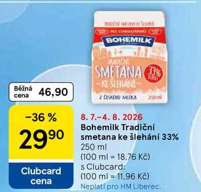 Bohemilk Tradiční smetana ke šlehání 33%, 250 ml