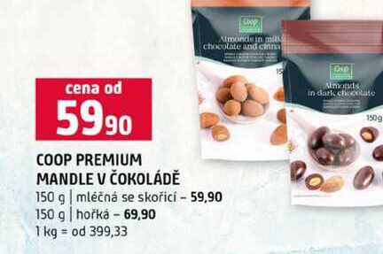 COOP PREMIUM MANDLE V ČOKOLÁDĚ 150 g mléčná se skořicí 150 g hořká