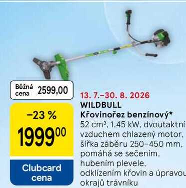 WILDBULL Křovinořez benzínový, 52 cm³, 1.45 kW. dvoutaktní vzduchem chlazený motor. šířka záběru 250-450 mm. pomáhá se sečením
