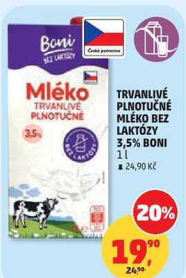 TRVANLIVÉ PLNOTUČNÉ MLÉKO BEZ LAKTÓZY 3,5% BONI, 1 l