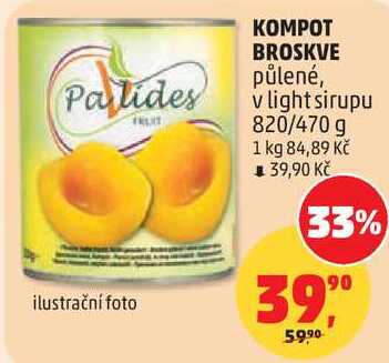 KOMPOT BROSKVE půlené, v light sirupu, 820/470 g 