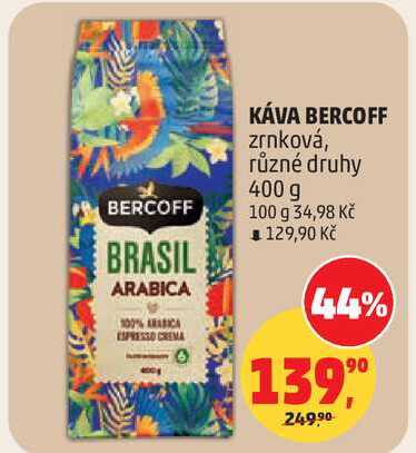KÁVA BERCOFF zrnková, různé druhy, 400 g